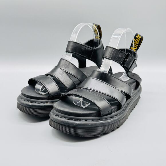 Dr. Martens Sandals Womens 7 Black Leather Blaire Platform Ankle Strappy Comfort - Picture 1 of 10